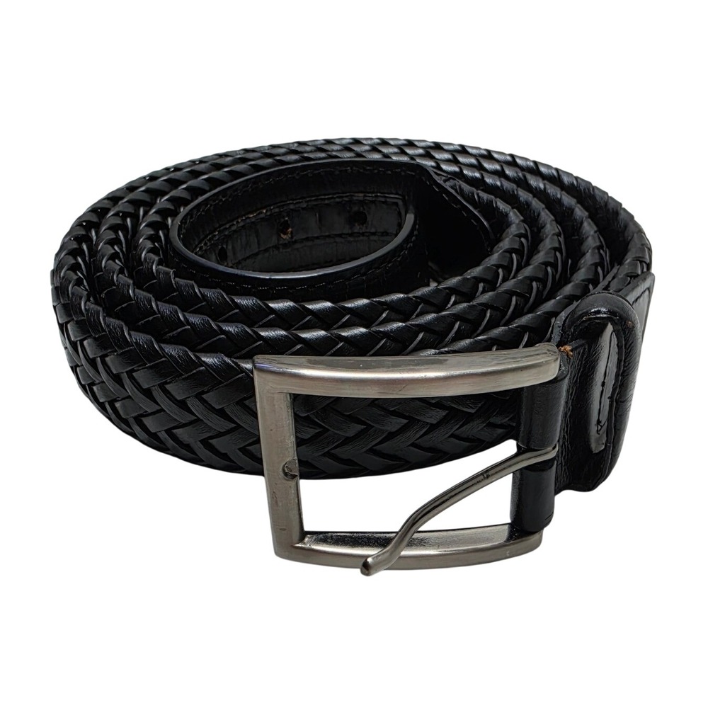 ALA Mens Black Braided Genuine Leather Belt Size 50/52 Handcrafted Woven Buckle